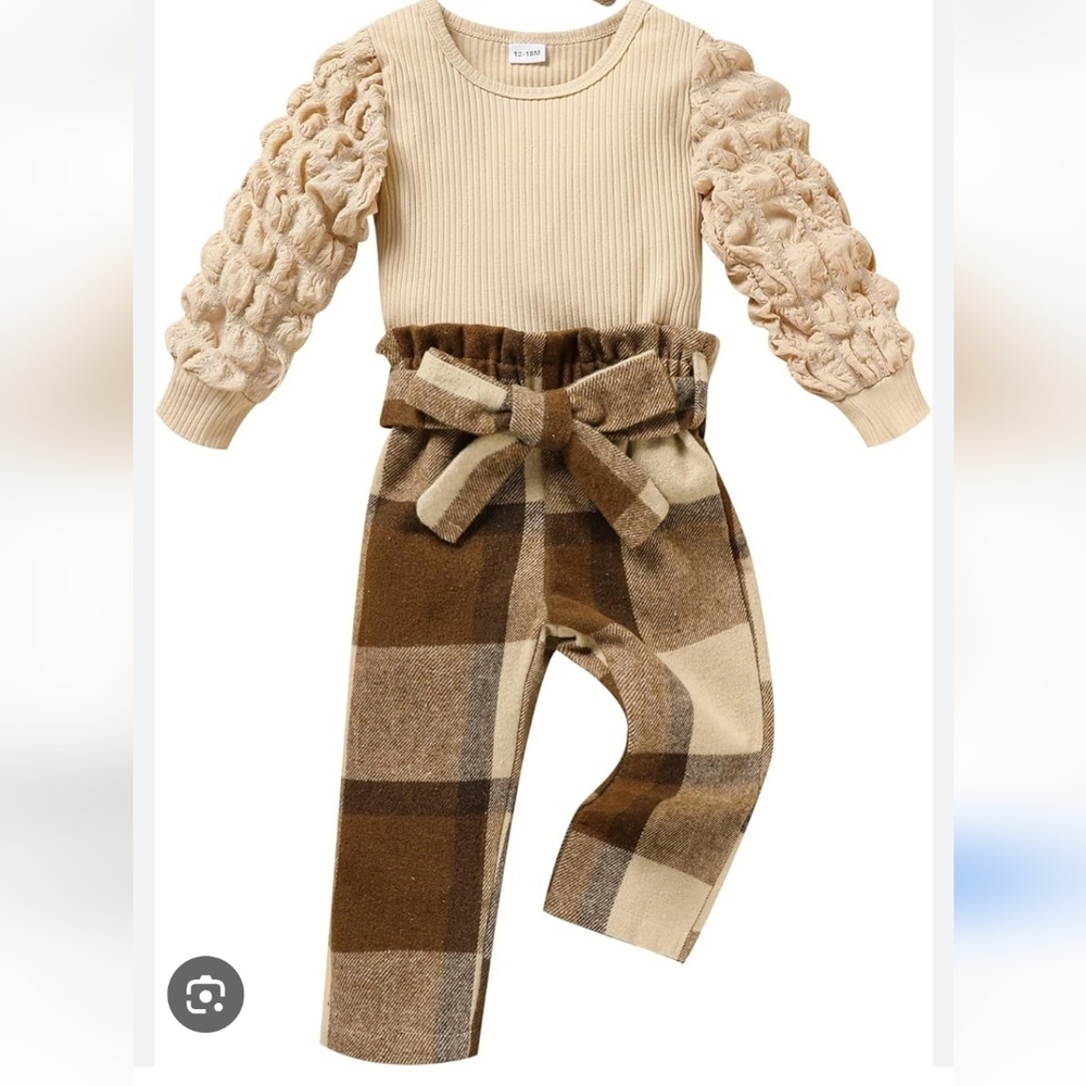 NWOT Stylish Kids Plaid Bottoms & Top Set - Beige‎ and Brown 18-24 Months